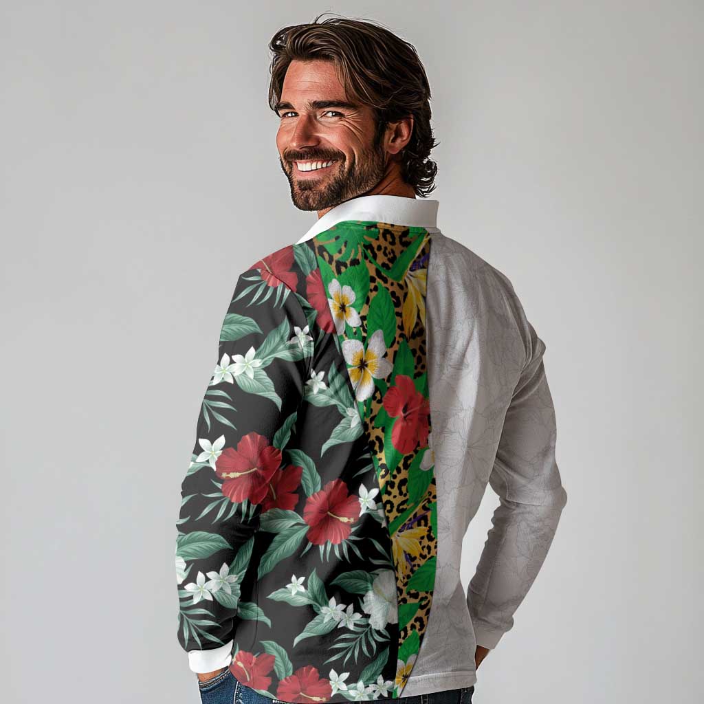 Hawaiian Tropical Flowers and Leaves Long Sleeve Polo Shirt on Leopard Pattern Half Style White-Black Version LT03 - Polynesian Pride