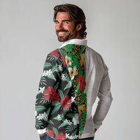 Hawaiian Tropical Flowers and Leaves Long Sleeve Polo Shirt on Leopard Pattern Half Style White-Black Version LT03 - Polynesian Pride