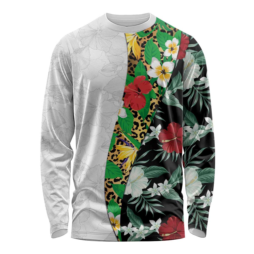 Hawaiian Tropical Flowers and Leaves Long Sleeve Shirt on Leopard Pattern Half Style White-Black Version - Polynesian Pride