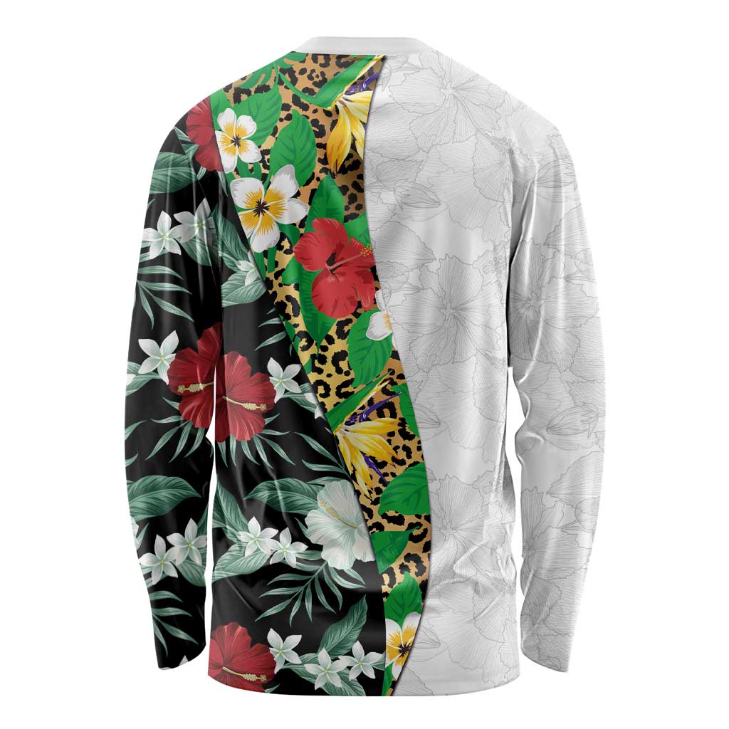Hawaiian Tropical Flowers and Leaves Long Sleeve Shirt on Leopard Pattern Half Style White-Black Version - Polynesian Pride