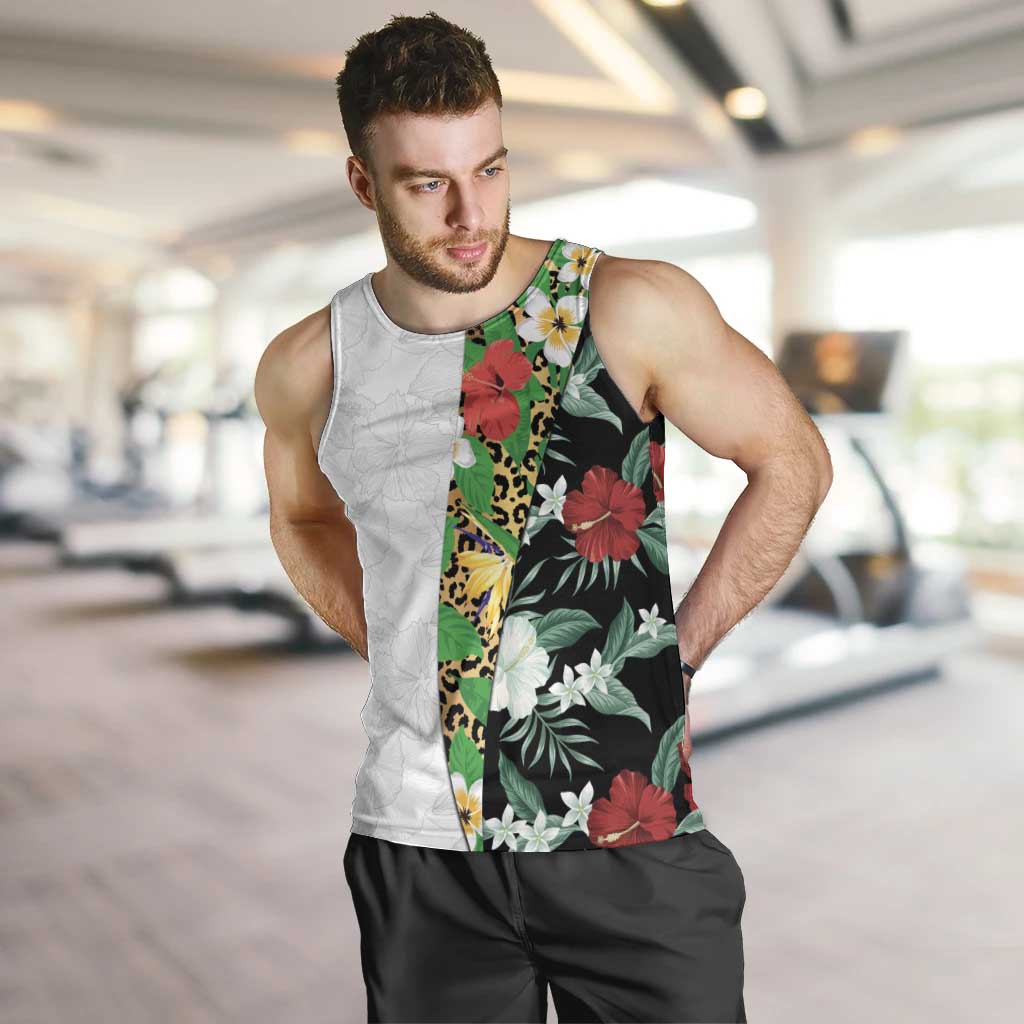 Hawaiian Tropical Flowers and Leaves Men Tank Top on Leopard Pattern Half Style White-Black Version - Polynesian Pride