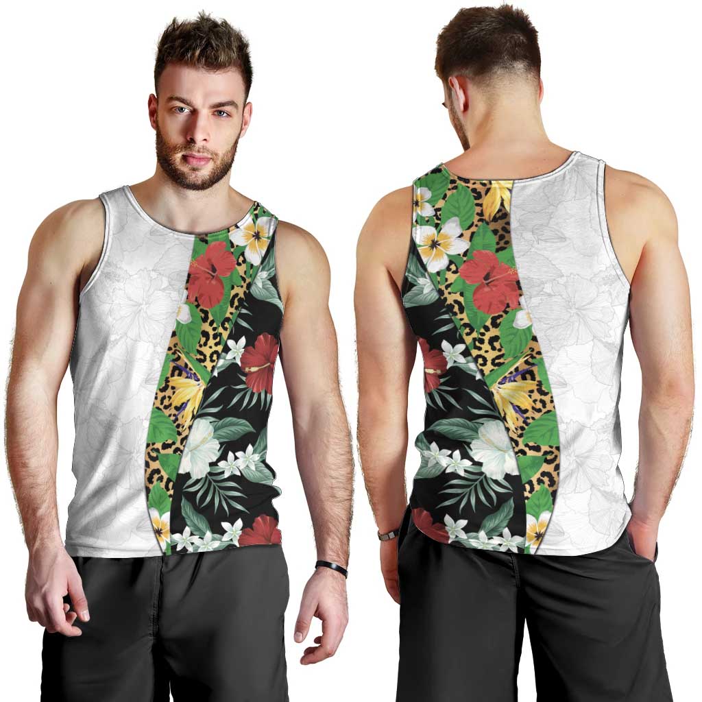 Hawaiian Tropical Flowers and Leaves Men Tank Top on Leopard Pattern Half Style White-Black Version - Polynesian Pride
