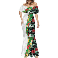 Hawaiian Tropical Flowers and Leaves Mermaid Dress on Leopard Pattern Half Style White-Black Version - Polynesian Pride