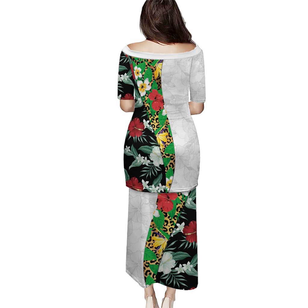 Hawaiian Tropical Flowers and Leaves Puletasi on Leopard Pattern Half Style White-Black Version - Polynesian Pride