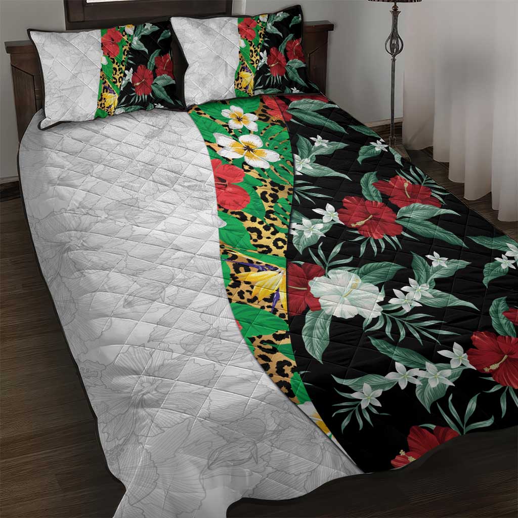 Hawaiian Tropical Flowers and Leaves Quilt Bed Set on Leopard Pattern Half Style White-Black Version - Polynesian Pride