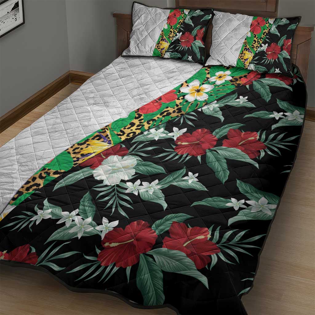 Hawaiian Tropical Flowers and Leaves Quilt Bed Set on Leopard Pattern Half Style White-Black Version - Polynesian Pride