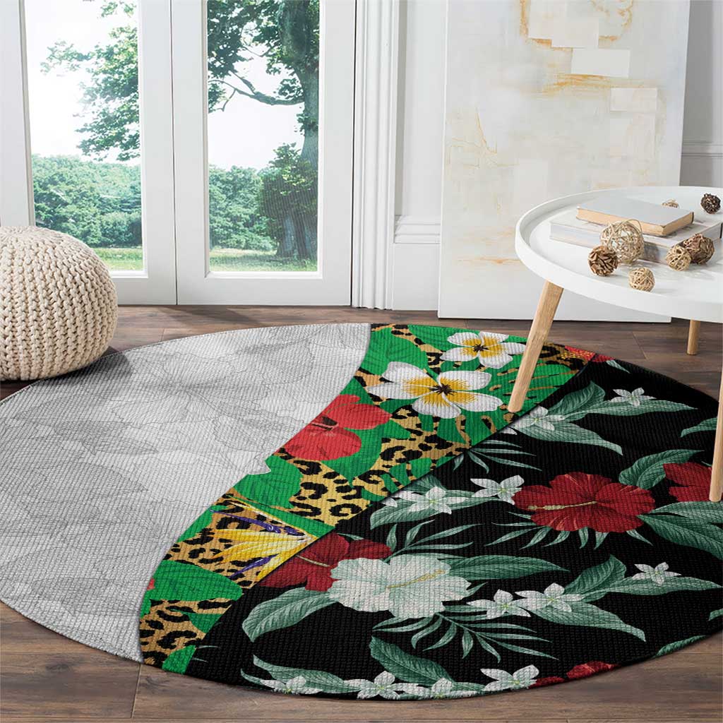 Hawaiian Tropical Flowers and Leaves Round Carpet on Leopard Pattern Half Style White-Black Version - Polynesian Pride