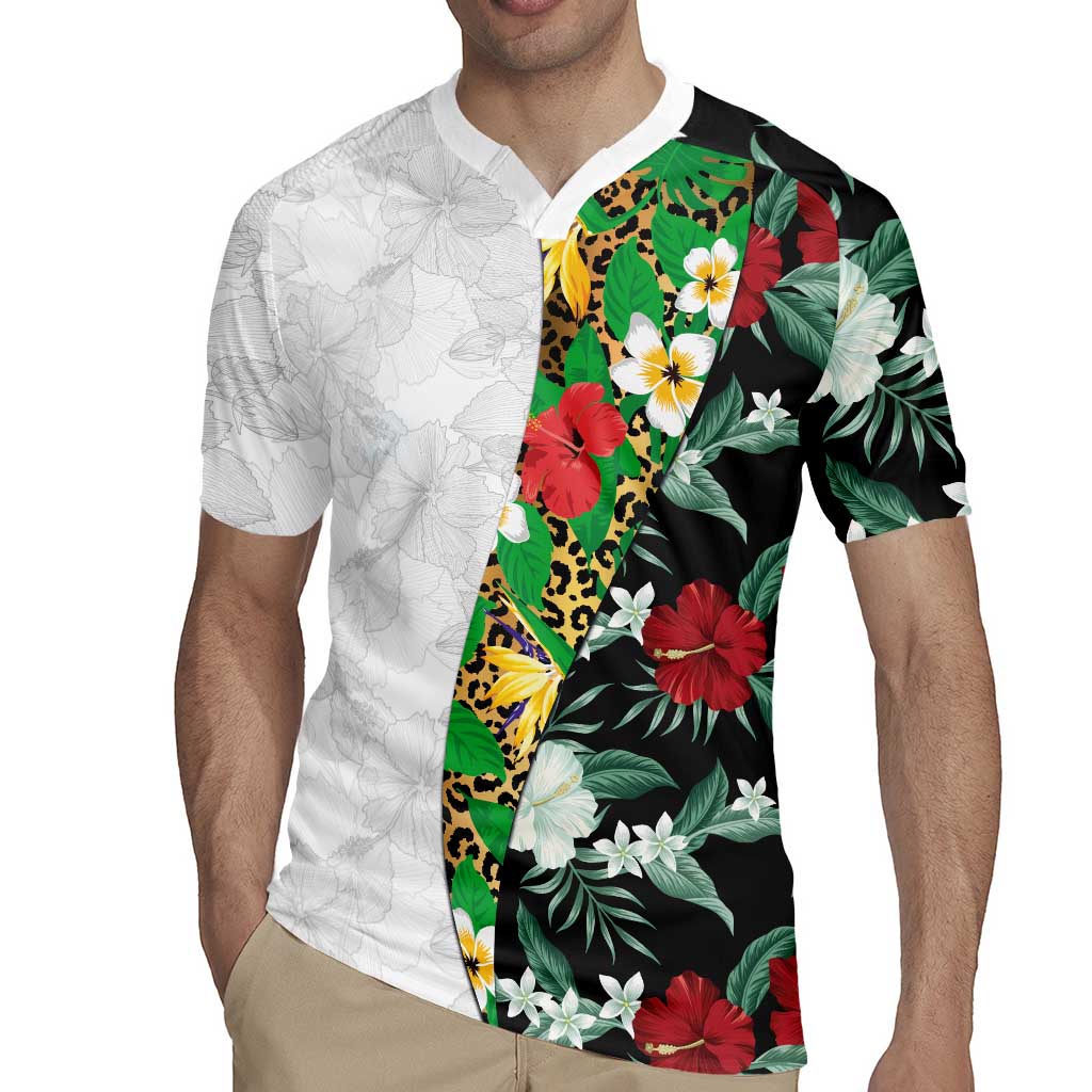Hawaiian Tropical Flowers and Leaves Rugby Jersey on Leopard Pattern Half Style White-Black Version - Polynesian Pride
