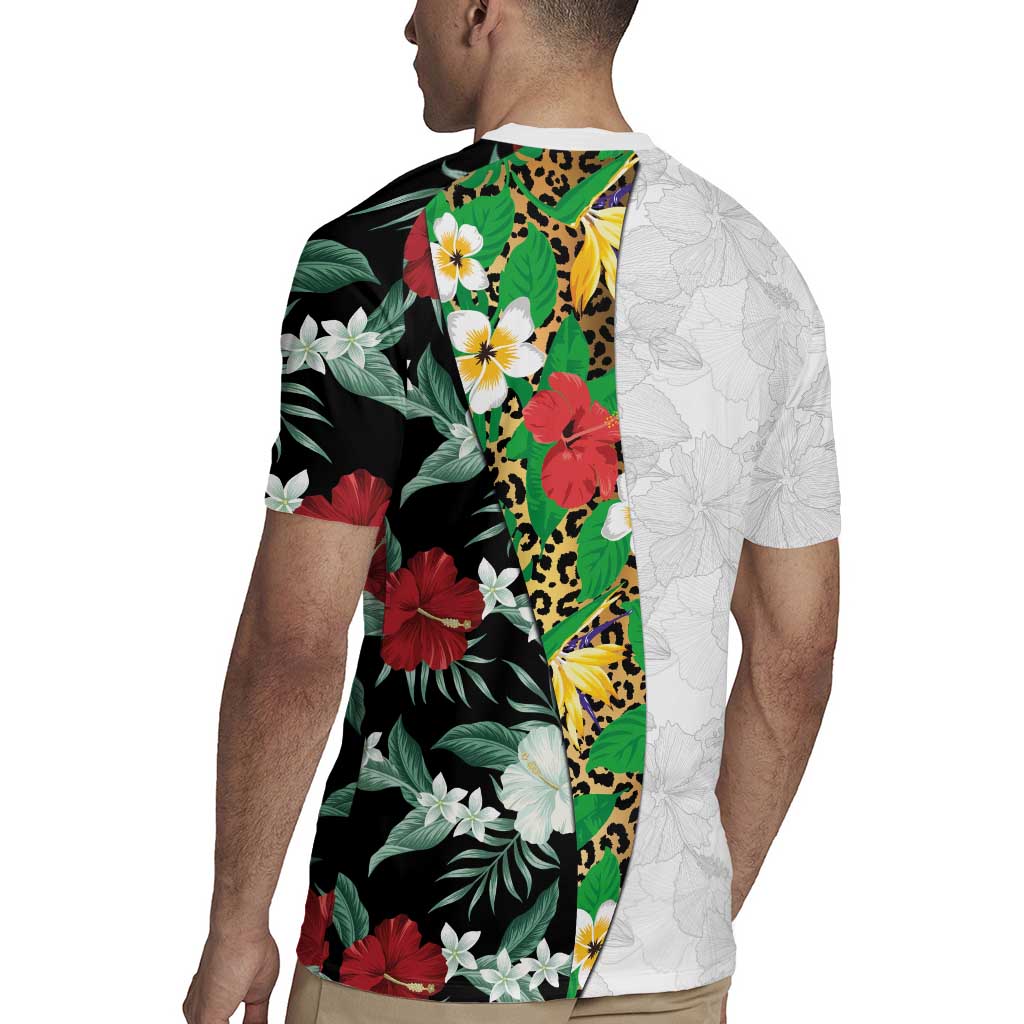 Hawaiian Tropical Flowers and Leaves Rugby Jersey on Leopard Pattern Half Style White-Black Version - Polynesian Pride