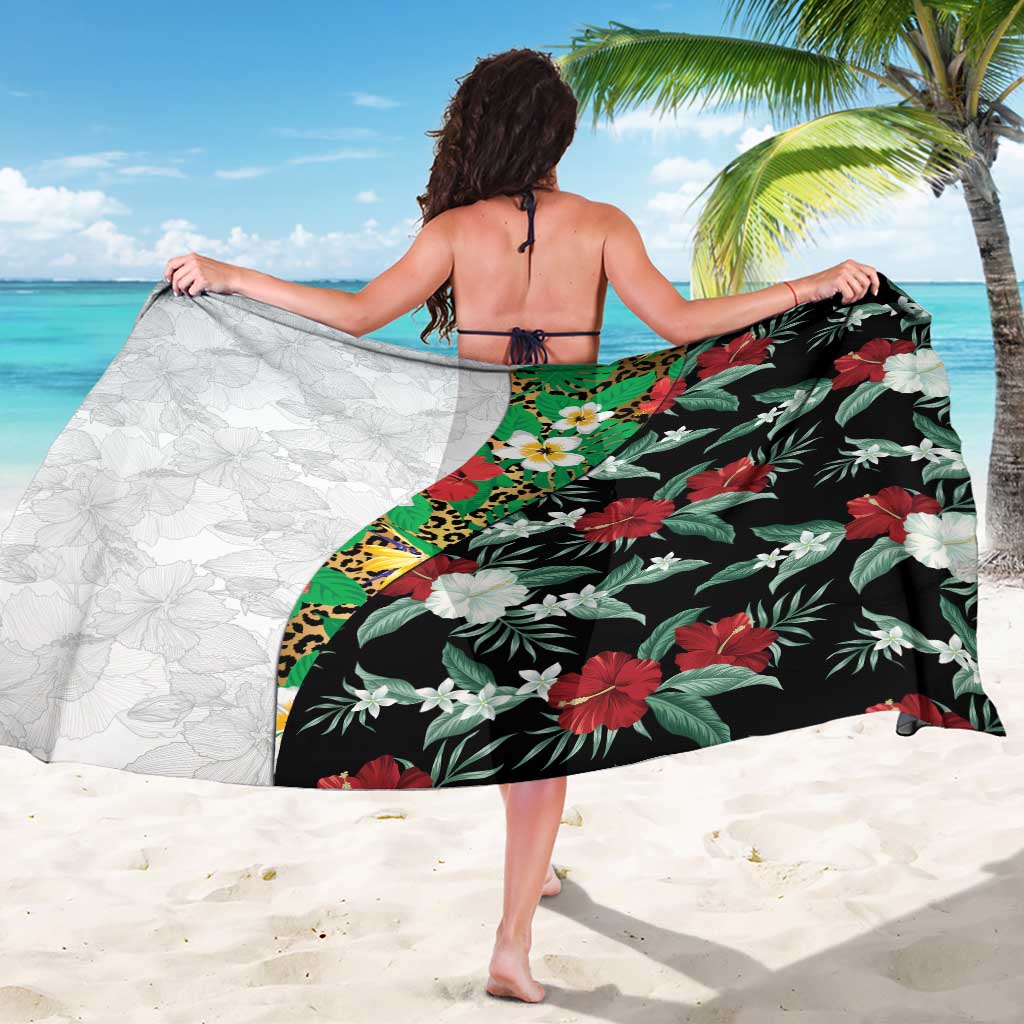 Hawaiian Tropical Flowers and Leaves Sarong on Leopard Pattern Half Style White-Black Version - Polynesian Pride