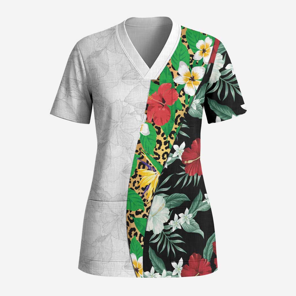 Hawaiian Tropical Flowers and Leaves Scrub Top on Leopard Pattern Half Style White-Black Version LT03 Adult White - Polynesian Pride