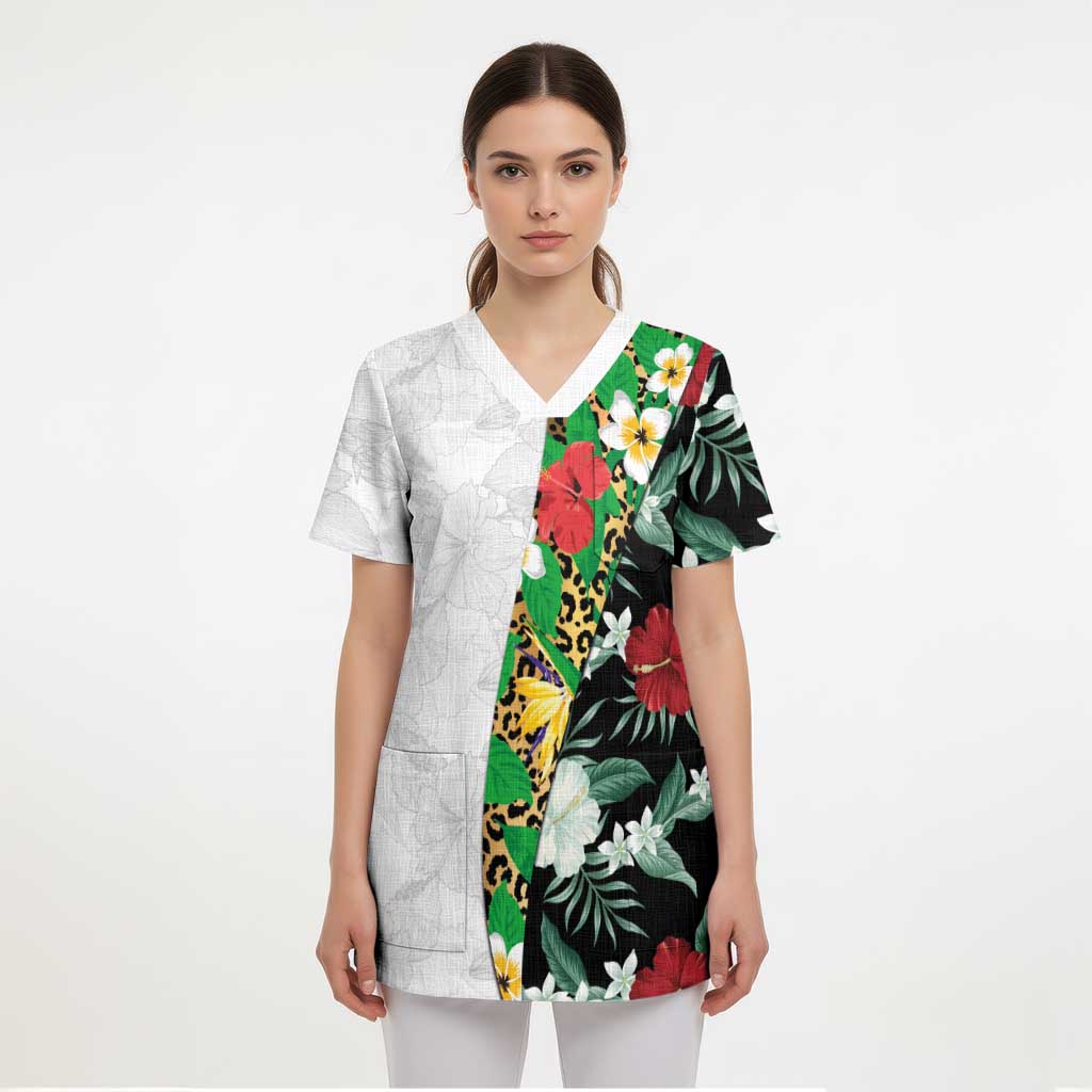 Hawaiian Tropical Flowers and Leaves Scrub Top on Leopard Pattern Half Style White-Black Version - Polynesian Pride