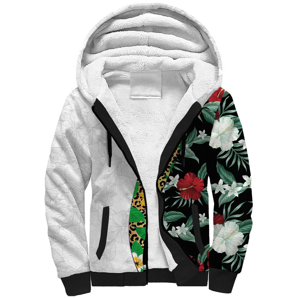 Hawaiian Tropical Flowers and Leaves Sherpa Hoodie on Leopard Pattern Half Style White-Black Version - Polynesian Pride
