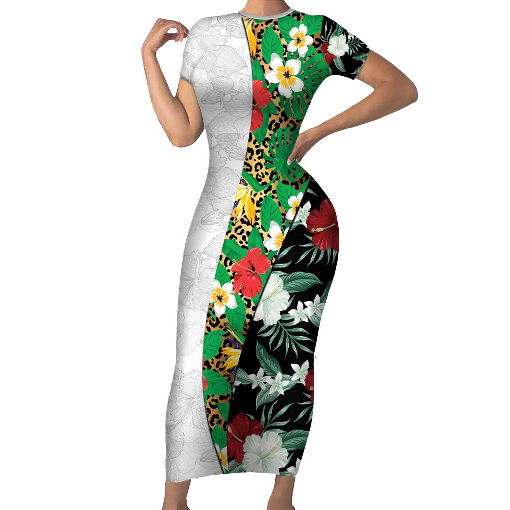 Hawaiian Tropical Flowers and Leaves Short Sleeve Bodycon Dress on Leopard Pattern Half Style White-Black Version - Polynesian Pride
