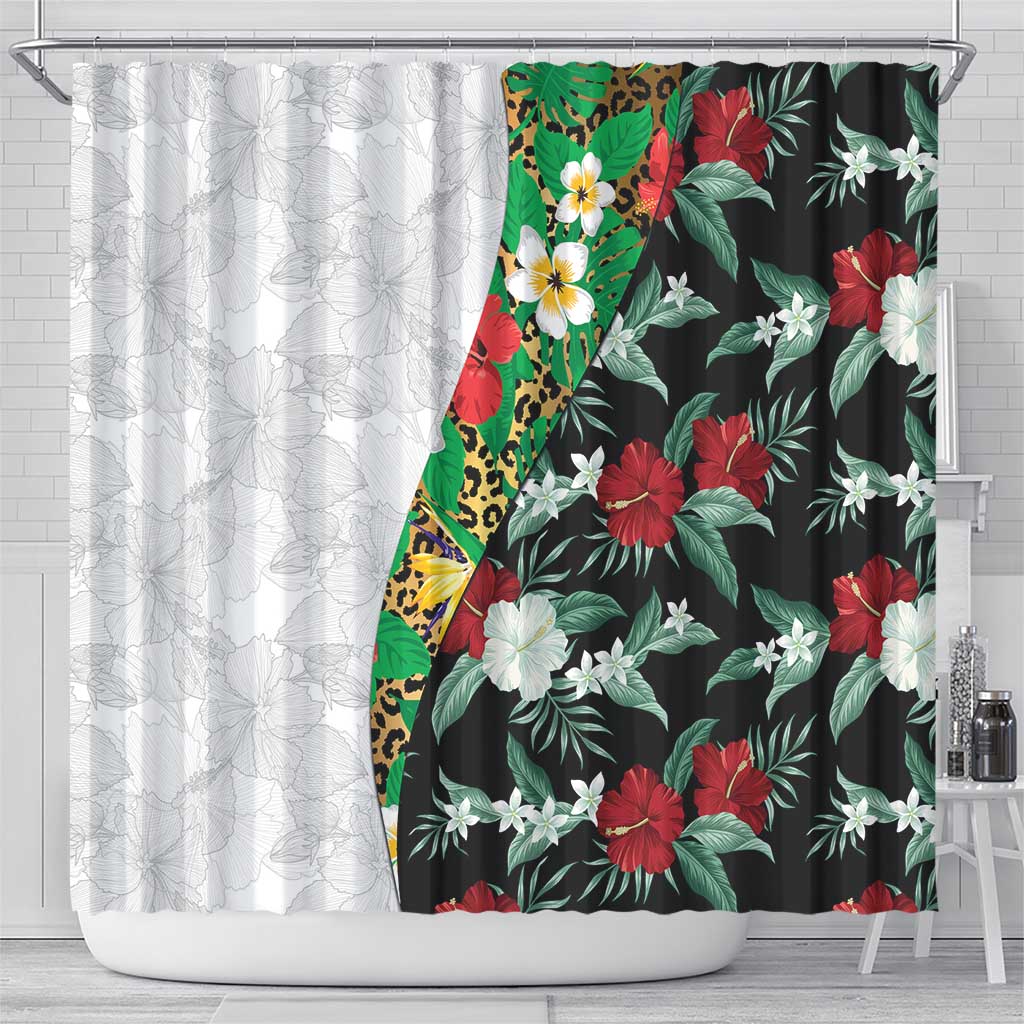 Hawaiian Tropical Flowers and Leaves Shower Curtain on Leopard Pattern Half Style White-Black Version - Polynesian Pride