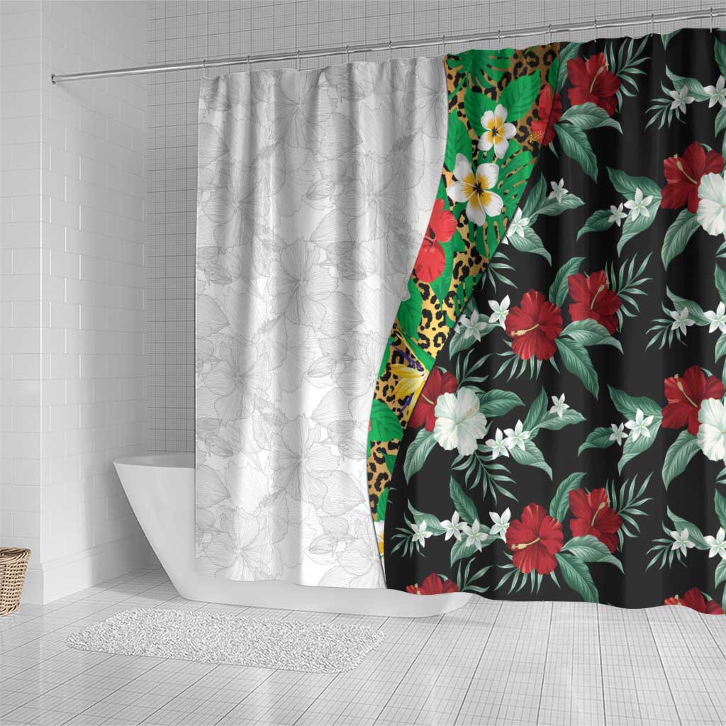 Hawaiian Tropical Flowers and Leaves Shower Curtain on Leopard Pattern Half Style White-Black Version - Polynesian Pride