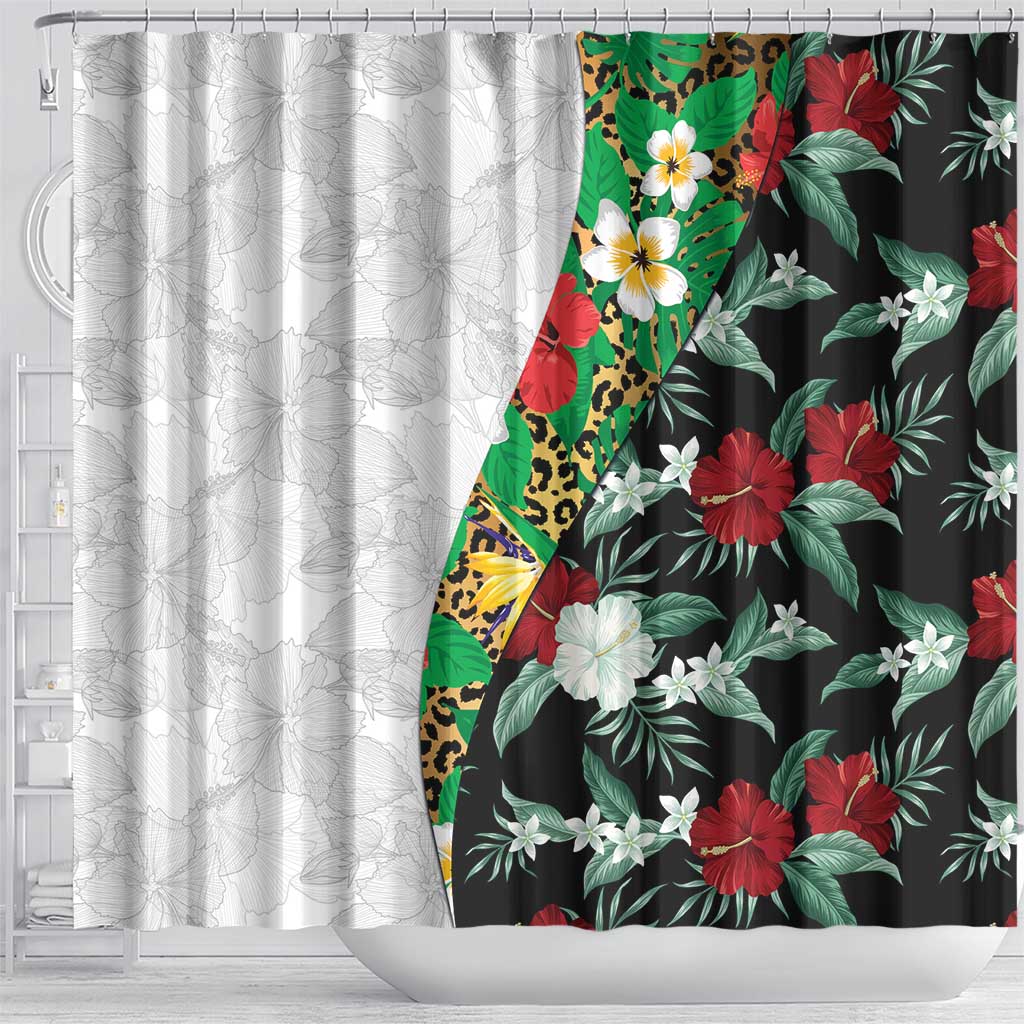 Hawaiian Tropical Flowers and Leaves Shower Curtain on Leopard Pattern Half Style White-Black Version - Polynesian Pride