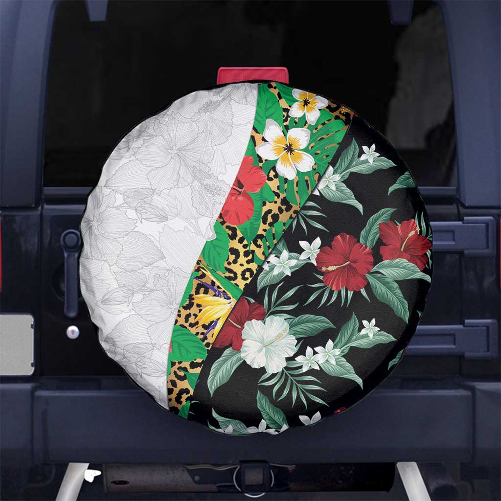 Hawaiian Tropical Flowers and Leaves Spare Tire Cover on Leopard Pattern Half Style White-Black Version - Polynesian Pride