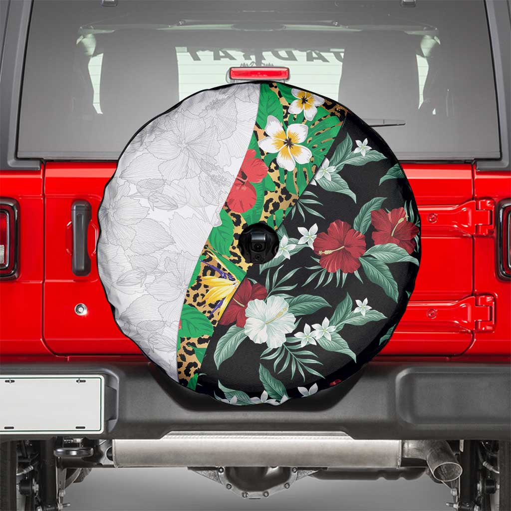 Hawaiian Tropical Flowers and Leaves Spare Tire Cover on Leopard Pattern Half Style White-Black Version - Polynesian Pride