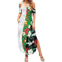 Hawaiian Tropical Flowers and Leaves Summer Maxi Dress on Leopard Pattern Half Style White-Black Version - Polynesian Pride