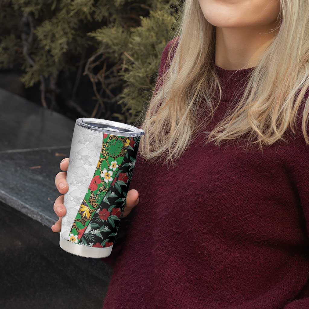Hawaiian Tropical Flowers and Leaves Tumbler Cup on Leopard Pattern Half Style White-Black Version - Polynesian Pride