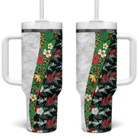 Hawaiian Tropical Flowers and Leaves Tumbler With Handle on Leopard Pattern Half Style White-Black Version - Polynesian Pride