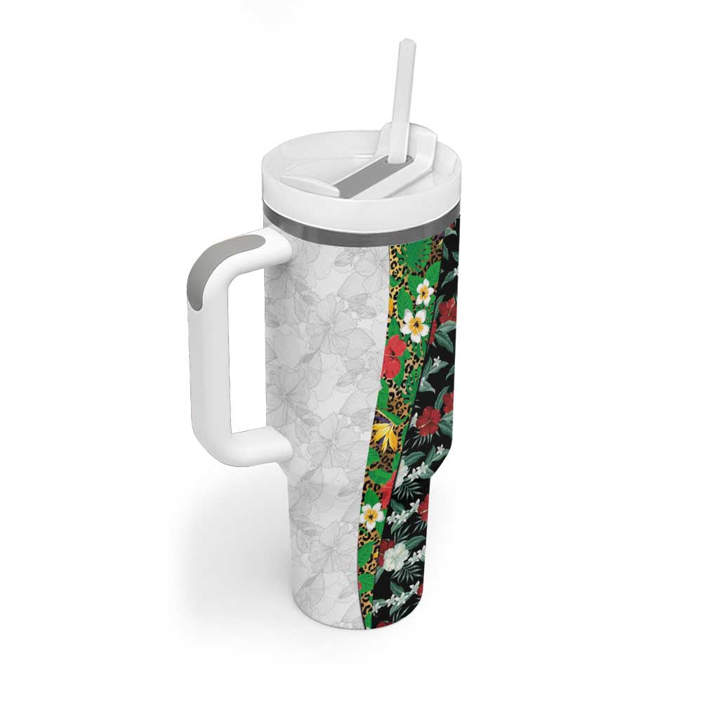 Hawaiian Tropical Flowers and Leaves Tumbler With Handle on Leopard Pattern Half Style White-Black Version - Polynesian Pride