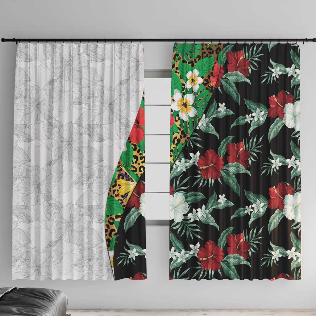 Hawaiian Tropical Flowers and Leaves Window Curtain on Leopard Pattern Half Style White-Black Version - Polynesian Pride