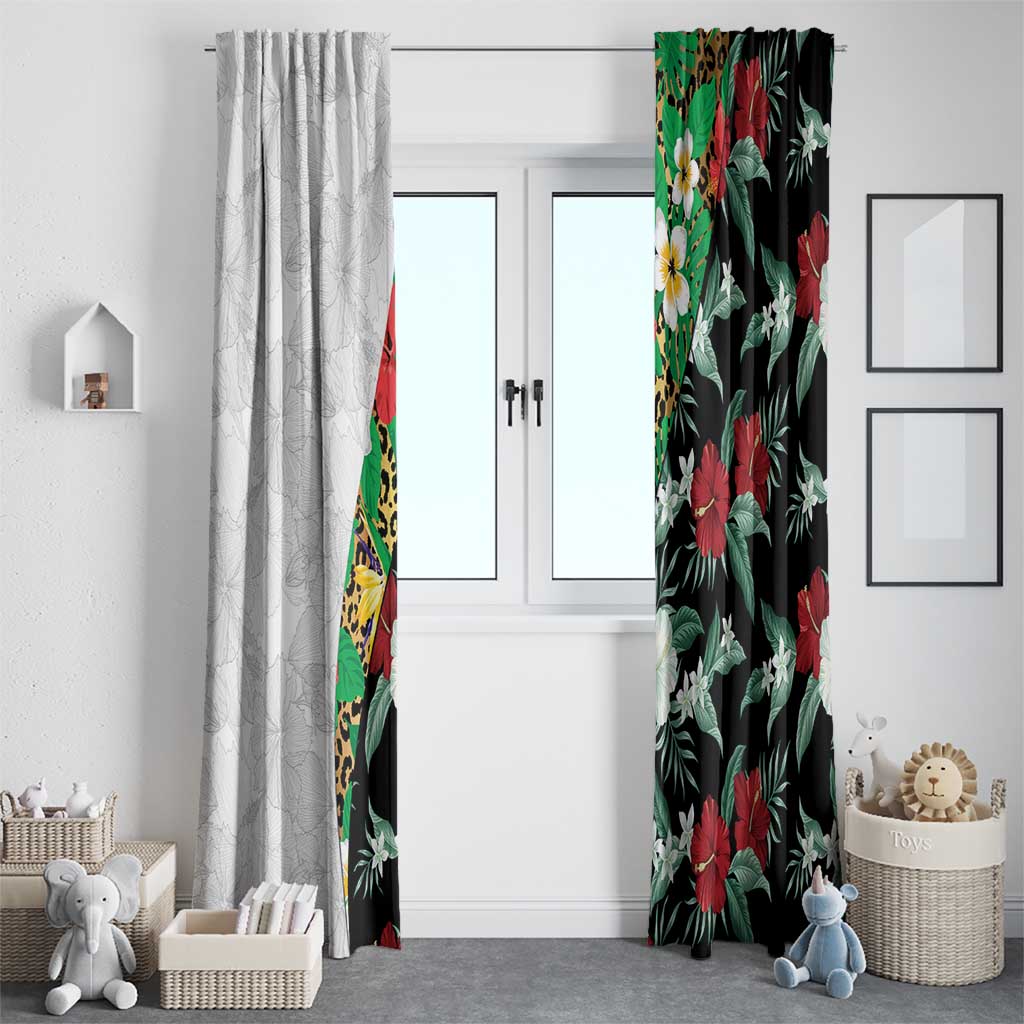 Hawaiian Tropical Flowers and Leaves Window Curtain on Leopard Pattern Half Style White-Black Version - Polynesian Pride