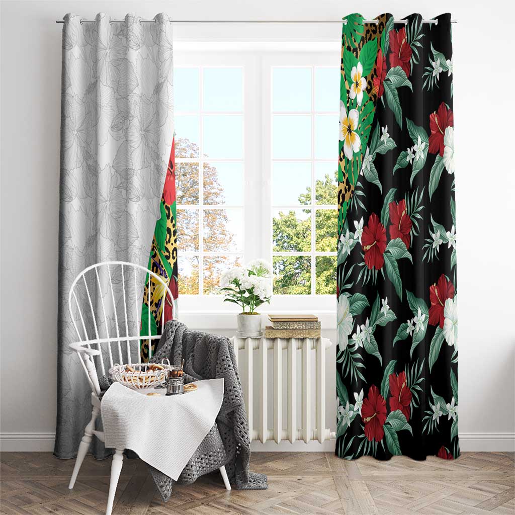 Hawaiian Tropical Flowers and Leaves Window Curtain on Leopard Pattern Half Style White-Black Version - Polynesian Pride