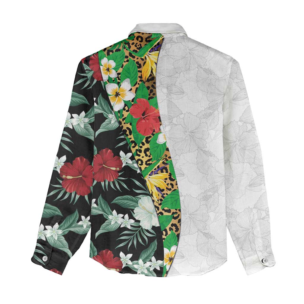 Hawaiian Tropical Flowers and Leaves Women Casual Shirt on Leopard Pattern Half Style White-Black Version - Polynesian Pride