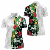Hawaiian Tropical Flowers and Leaves Women Polo Shirt on Leopard Pattern Half Style White-Black Version - Polynesian Pride
