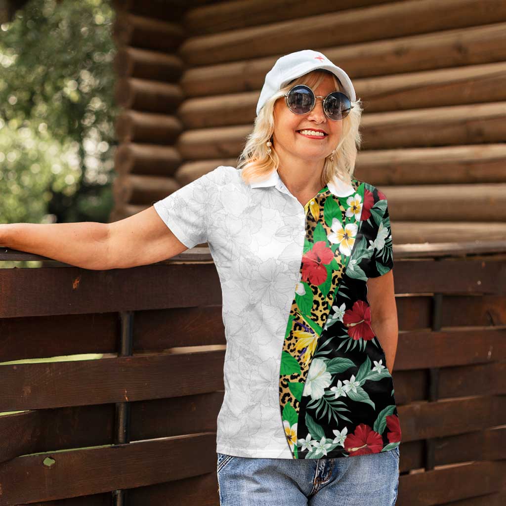 Hawaiian Tropical Flowers and Leaves Women Polo Shirt on Leopard Pattern Half Style White-Black Version - Polynesian Pride
