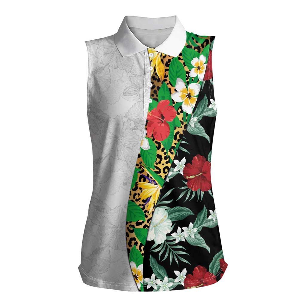 Hawaiian Tropical Flowers and Leaves Women Sleeveless Polo Shirt on Leopard Pattern Half Style White-Black Version LT03 Female White - Polynesian Pride