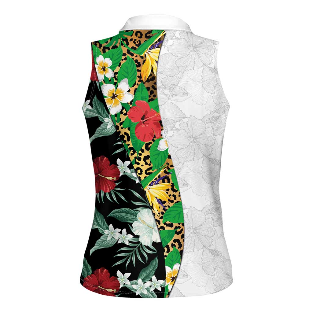 Hawaiian Tropical Flowers and Leaves Women Sleeveless Polo Shirt on Leopard Pattern Half Style White-Black Version LT03 - Polynesian Pride