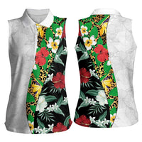 Hawaiian Tropical Flowers and Leaves Women Sleeveless Polo Shirt on Leopard Pattern Half Style White-Black Version LT03 - Polynesian Pride