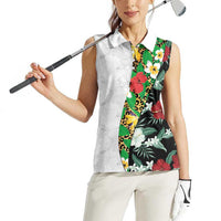 Hawaiian Tropical Flowers and Leaves Women Sleeveless Polo Shirt on Leopard Pattern Half Style White-Black Version LT03 - Polynesian Pride