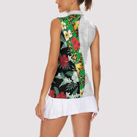 Hawaiian Tropical Flowers and Leaves Women Sleeveless Polo Shirt on Leopard Pattern Half Style White-Black Version LT03 - Polynesian Pride