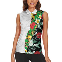 Hawaiian Tropical Flowers and Leaves Women Sleeveless Polo Shirt on Leopard Pattern Half Style White-Black Version LT03 - Polynesian Pride
