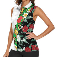 Hawaiian Tropical Flowers and Leaves Women Sleeveless Polo Shirt on Leopard Pattern Half Style White-Black Version LT03 - Polynesian Pride