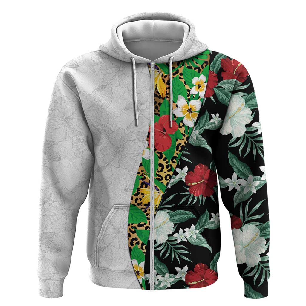 Hawaiian Tropical Flowers and Leaves Zip Hoodie on Leopard Pattern Half Style White-Black Version - Polynesian Pride