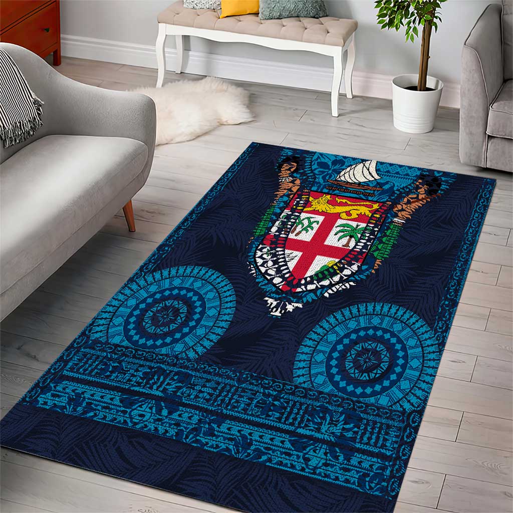 Fiji Coat of Arms Traditional Dashiki Area Rug Tapa Art and Palm Leaves Pattern Dark Navy Color - Polynesian Pride