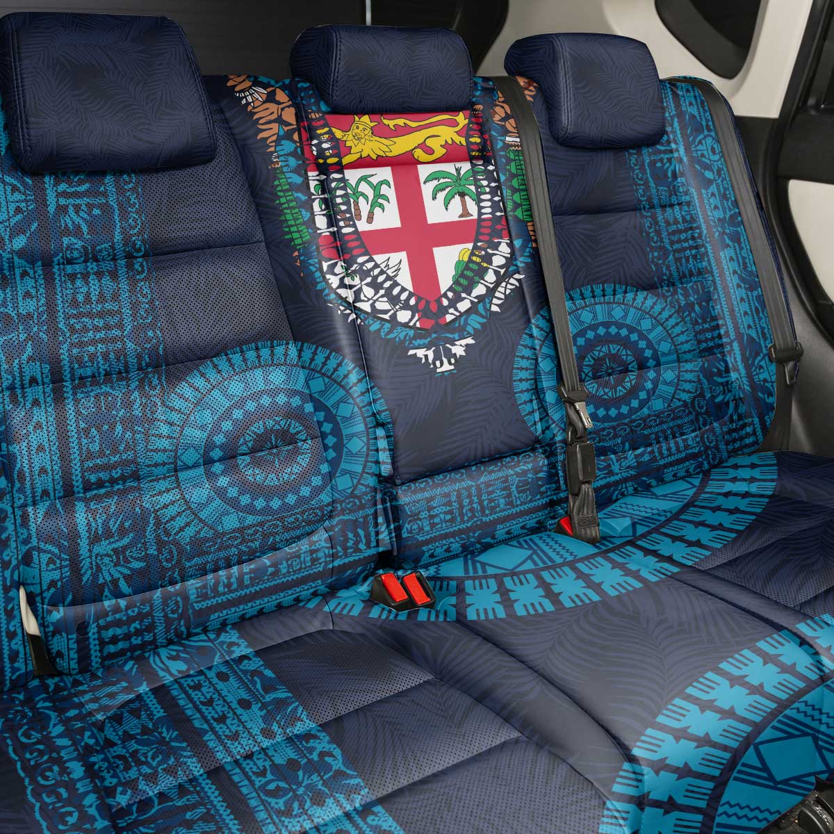 Fiji Coat of Arms Traditional Dashiki Back Car Seat Cover Tapa Art and Palm Leaves Pattern Dark Navy Color - Polynesian Pride
