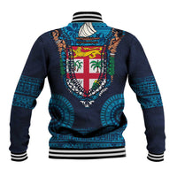 Fiji Coat of Arms Traditional Dashiki Baseball Jacket Tapa Art and Palm Leaves Pattern Dark Navy Color - Polynesian Pride