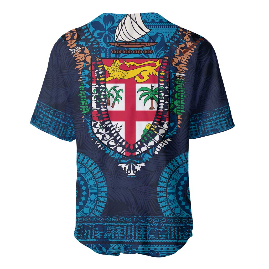 Fiji Coat of Arms Traditional Dashiki Baseball Jersey Tapa Art and Palm Leaves Pattern Dark Navy Color - Polynesian Pride