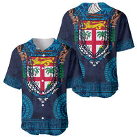 Fiji Coat of Arms Traditional Dashiki Baseball Jersey Tapa Art and Palm Leaves Pattern Dark Navy Color - Polynesian Pride