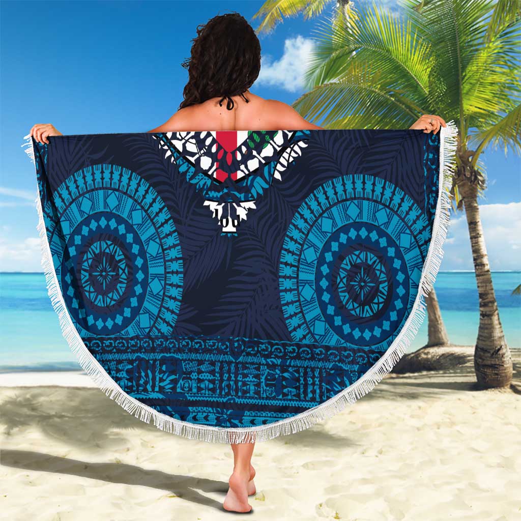 Fiji Coat of Arms Traditional Dashiki Beach Blanket Tapa Art and Palm Leaves Pattern Dark Navy Color - Polynesian Pride