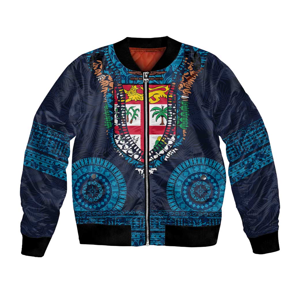 Fiji Coat of Arms Traditional Dashiki Bomber Jacket Tapa Art and Palm Leaves Pattern Dark Navy Color LT03 Unisex Navy - Polynesian Pride