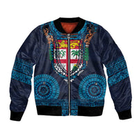 Fiji Coat of Arms Traditional Dashiki Bomber Jacket Tapa Art and Palm Leaves Pattern Dark Navy Color LT03 Unisex Navy - Polynesian Pride
