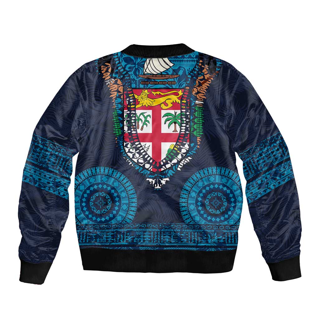 Fiji Coat of Arms Traditional Dashiki Bomber Jacket Tapa Art and Palm Leaves Pattern Dark Navy Color LT03 - Polynesian Pride